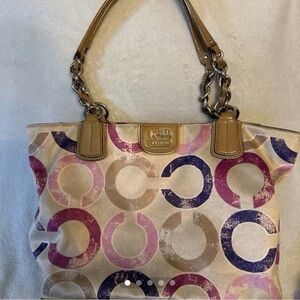 Coach Beige and Purple monogram Signature Shoulder Bag